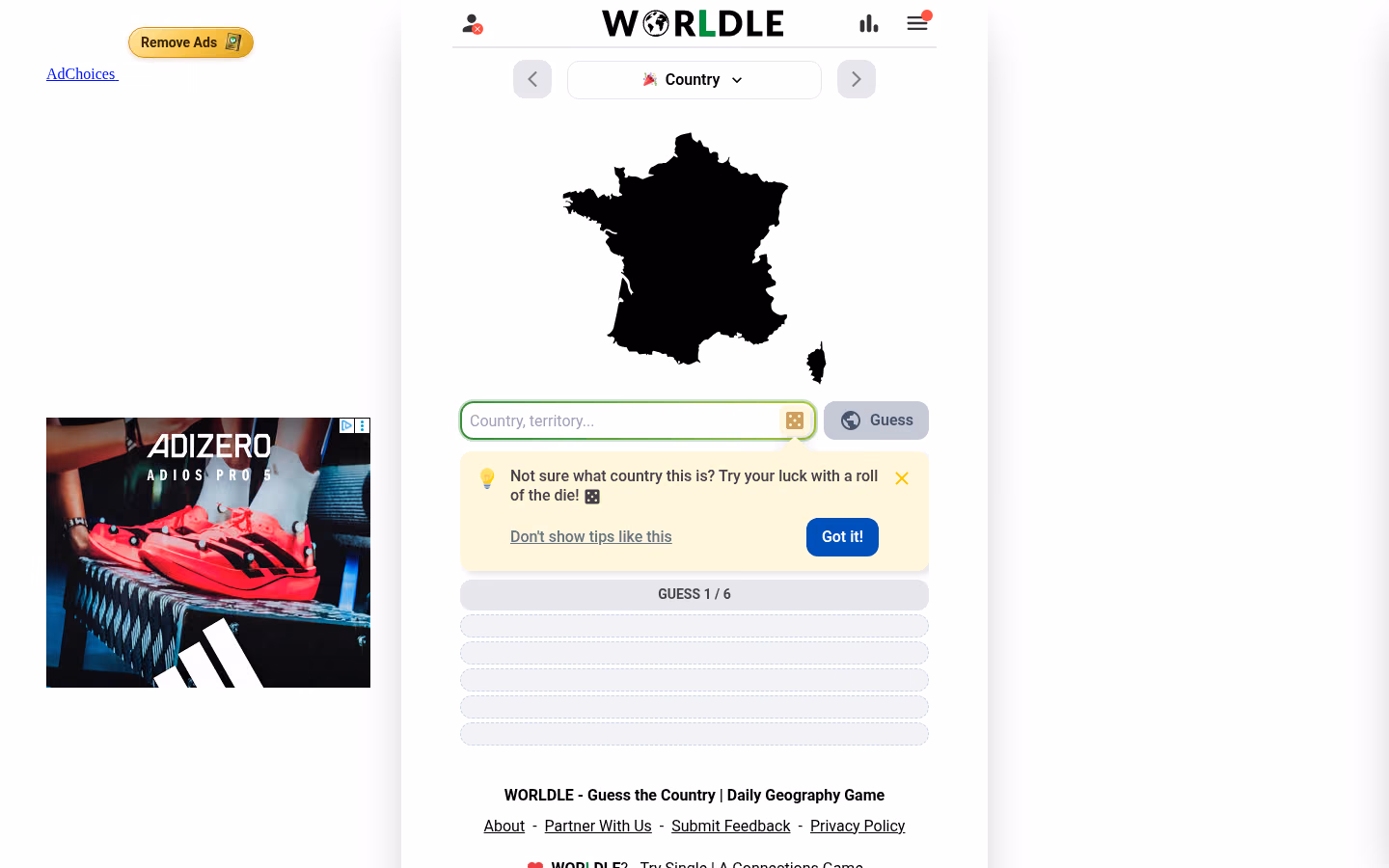 Worldle game screenshot